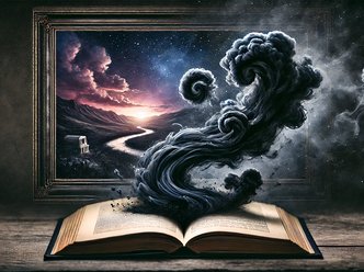 Book turning into smoke under dark clouds, shifting to a barren wasteland.