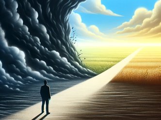A person stands on the boundary of a dark, confined area and a bright, open field, symbolizing a transition from restriction to freedom, gazing towards a horizon of limitless possibilities