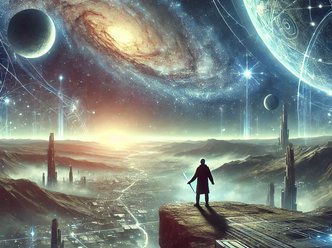 Futuristic scene of a person standing on a cliff, gazing at a vast cosmic landscape with planets, stars, and nebulae. The figure holds futuristic technology, symbolizing scientific progress and exploration. The image conveys hope, limitless possibilities.