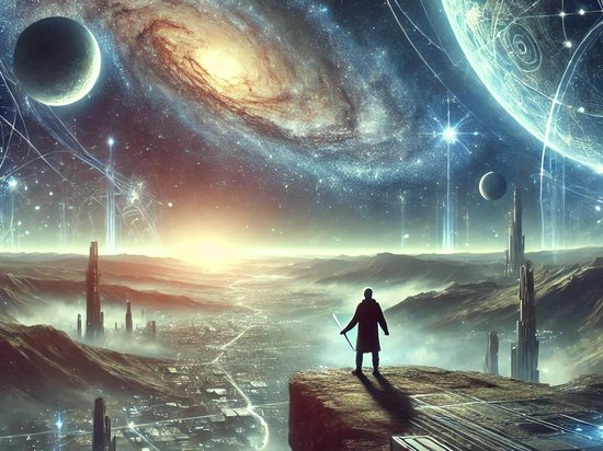 Futuristic scene of a person standing on a cliff, gazing at a vast cosmic landscape with planets, stars, and nebulae. The figure holds futuristic technology, symbolizing scientific progress and exploration. The image conveys hope, limitless possibilities.
