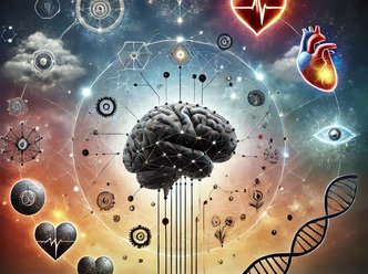 Conceptual image showing the complexity of human choices. A central brain is surrounded by gears (programming), hearts (empathy), lightning bolts (emotions), and DNA strands (evolution), with a gradient background symbolizing decision-making