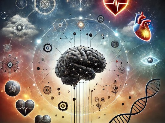 Conceptual image showing the complexity of human choices. A central brain is surrounded by gears (programming), hearts (empathy), lightning bolts (emotions), and DNA strands (evolution), with a gradient background symbolizing decision-making