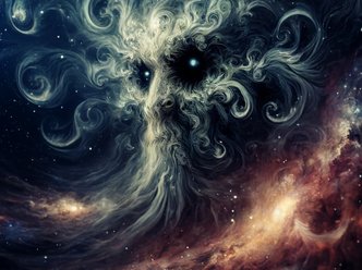 Abstract depiction of entropy as a cosmic monster, set against a backdrop of swirling galaxies and nebulae, symbolizing ageless wisdom and the inevitable chaos in the universe
