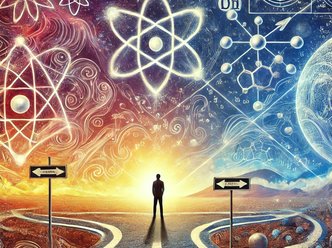 A person standing at a crossroads with one path leading to abstract, mystical symbols representing esoteric beliefs and the other path leading to scientific symbols like atoms, molecules, and mathematical equations