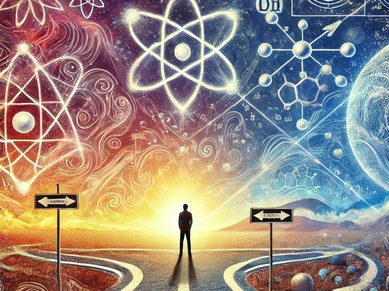 A person standing at a crossroads with one path leading to abstract, mystical symbols representing esoteric beliefs and the other path leading to scientific symbols like atoms, molecules, and mathematical equations